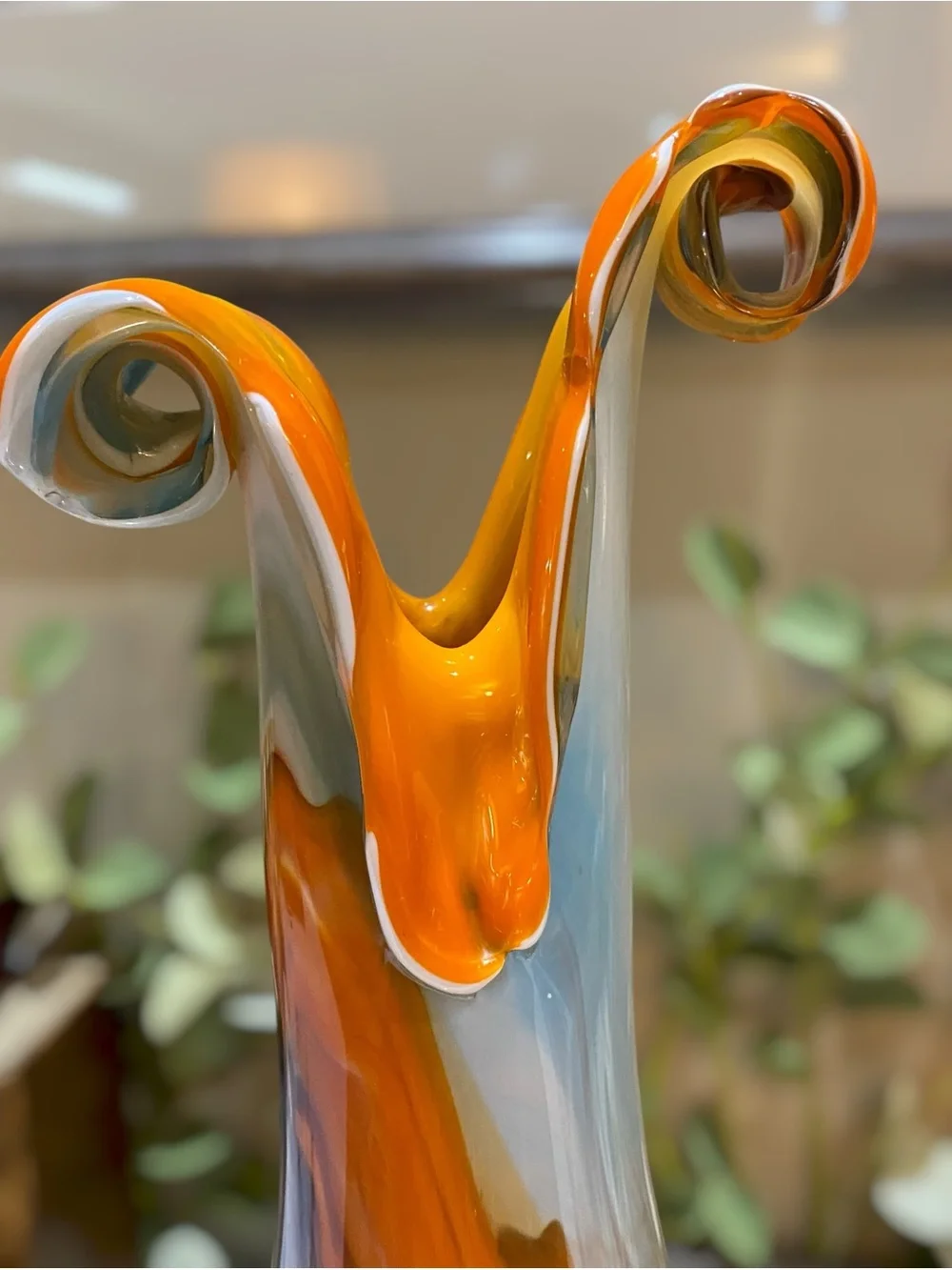 Vintage Murino Large 15” Hand Blown Art Glass Vase Fantastic Curled Rim Orange